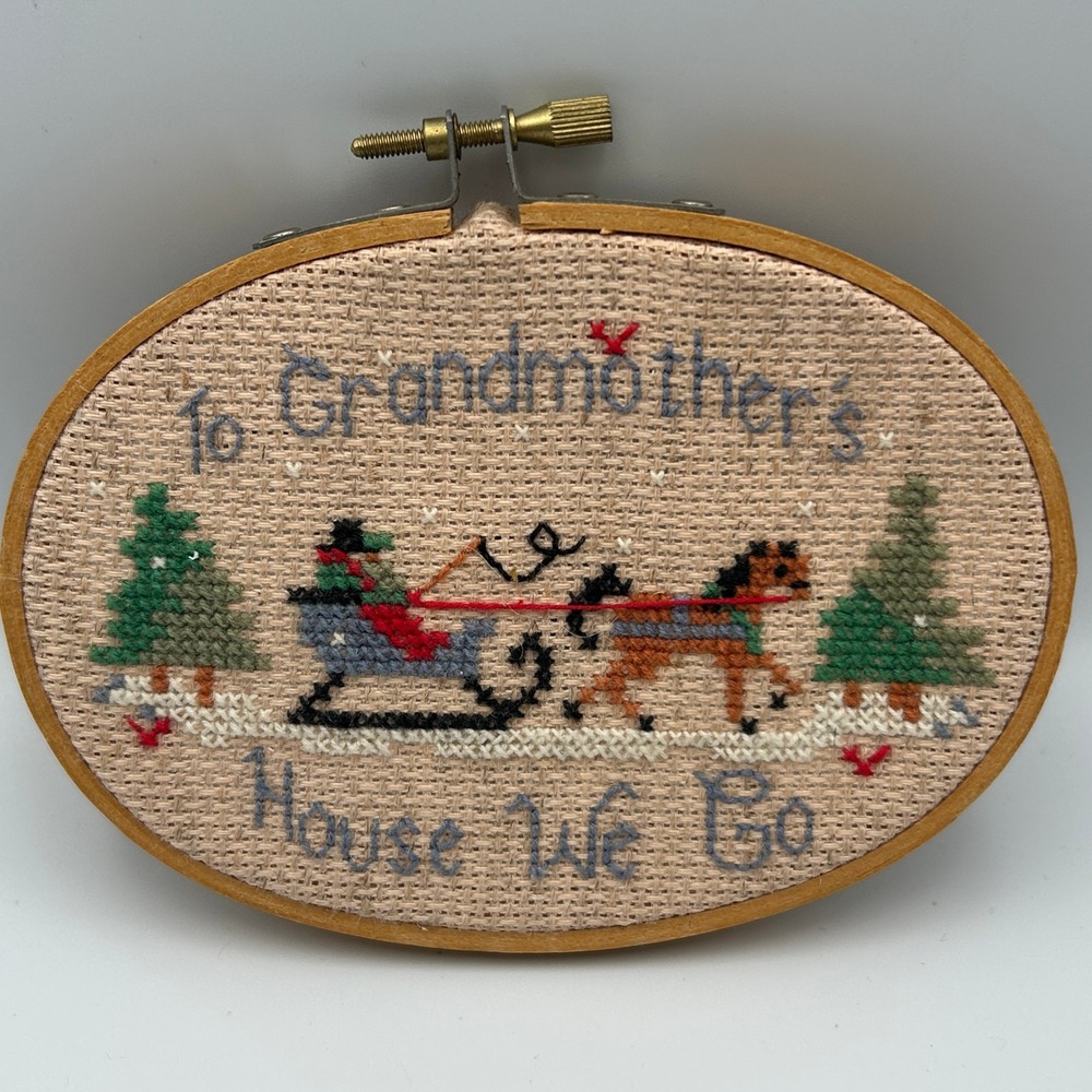 Grandmacore To Grandmother's House We Go Cross Stitch Oval Wood Sleigh Retro 80s